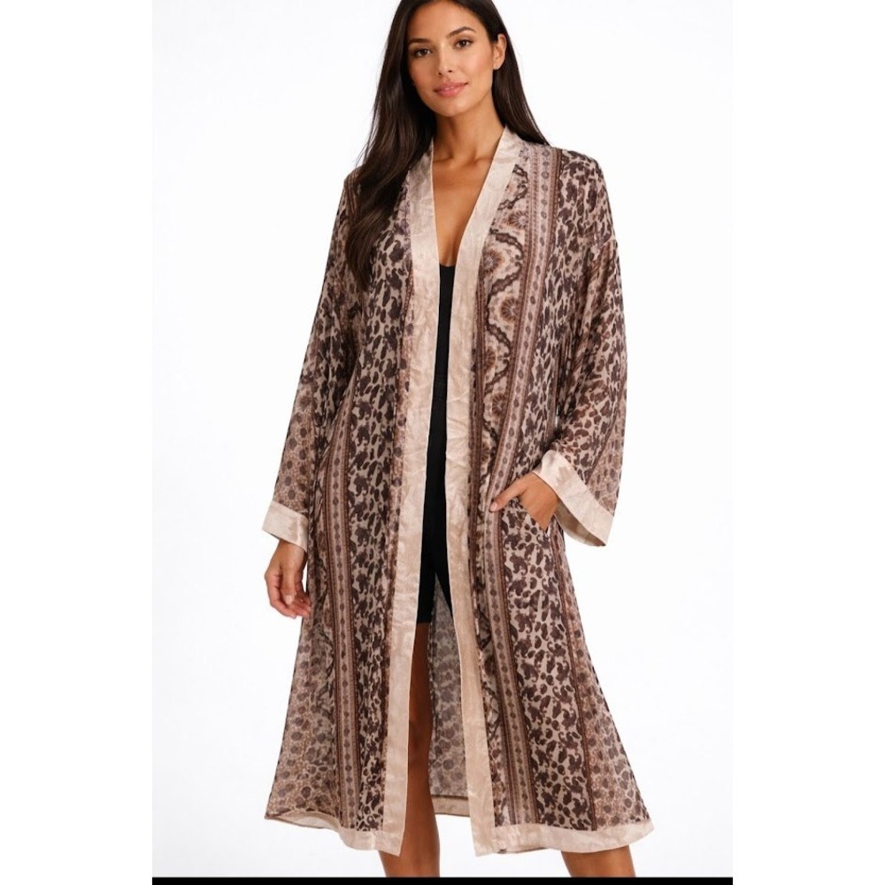 Joyfolie Boho Kimono‎ Duster Split Sleeve Velvet   Leopard Paisley Print Open S